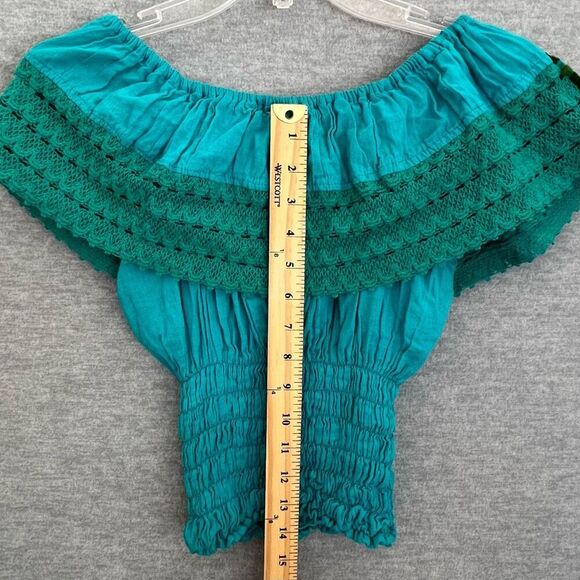 Boho Embroidered Gauze Off The Shoulder Top Peasant Turquoise Mexican Campesina - Picture 9 of 10